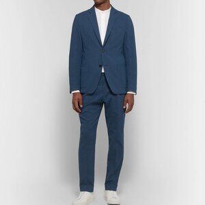 Officine Generale Navy Blue Slim Fit Cotton Blend Seersucker Suit Pants Set